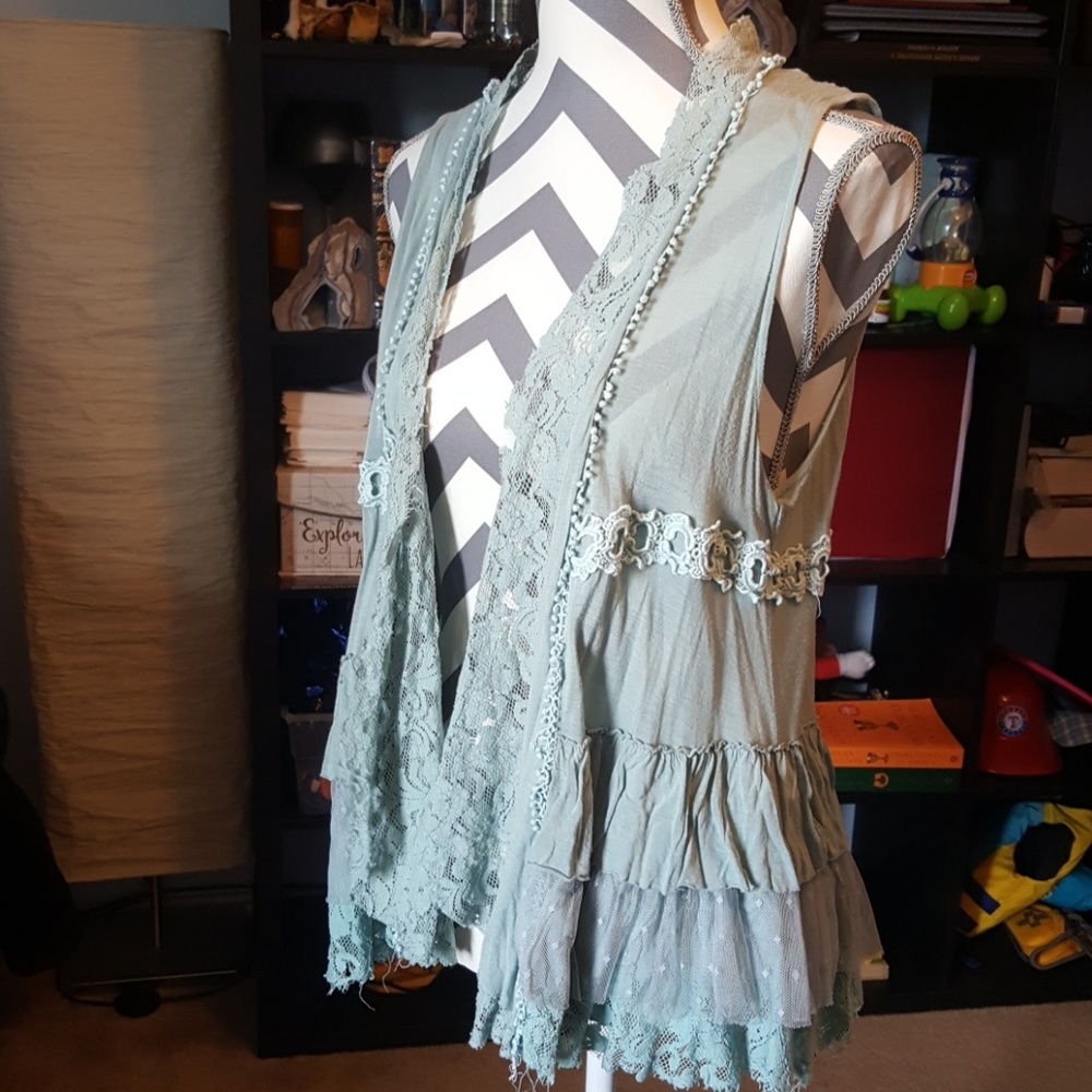 Ice Blue Lace cardigan vest by Mustard Seed